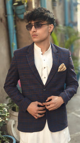Men's blue brown check wool casual coat